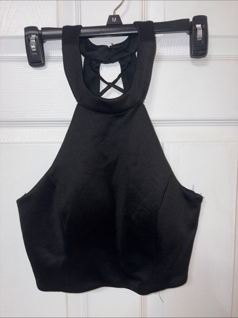 Sequin Hearts Black High Neck Halter Crop Top with Crisscross Back